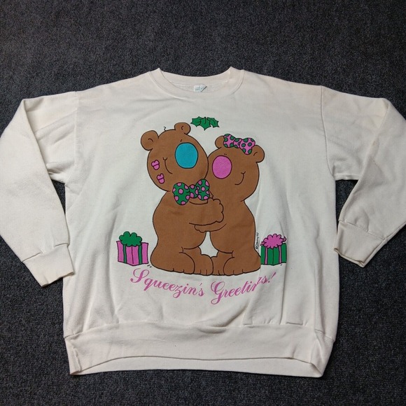 Vintage Free Style Sweatshirt‎ Women XL White Teddy Bear Squeezins Greetings - Picture 1 of 11